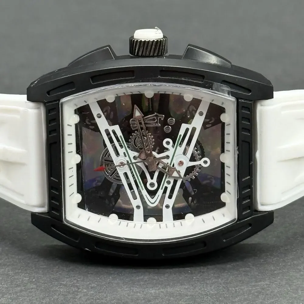 Mens White Tonneau Quartz Mille Fashion Watch Skeleton Dial Mille Style Barrel